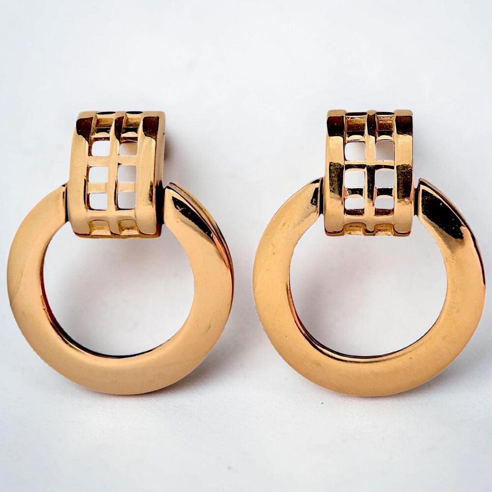 Givenchy Door Knocker Clip On Hoop Earrings Grid Top Gold Tone Vintage 1980s